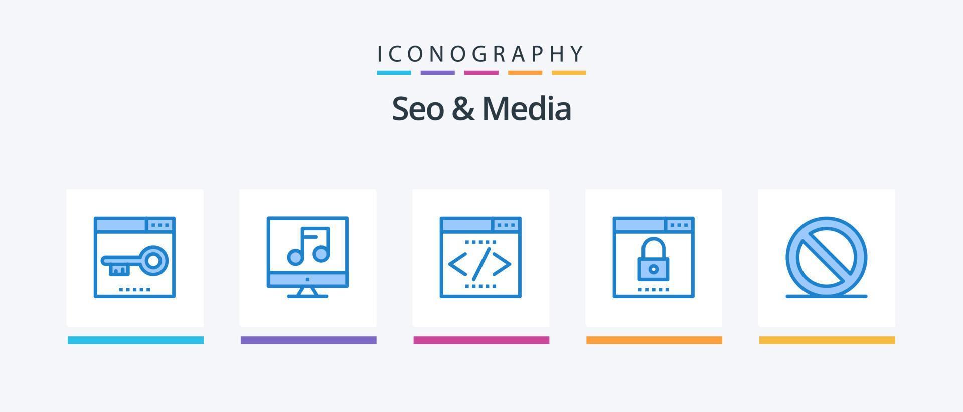 SEO und Medien Blau 5 Symbol Pack einschließlich Sicherheit. Optimierung. Video. Medien. seo. kreativ Symbole Design vektor