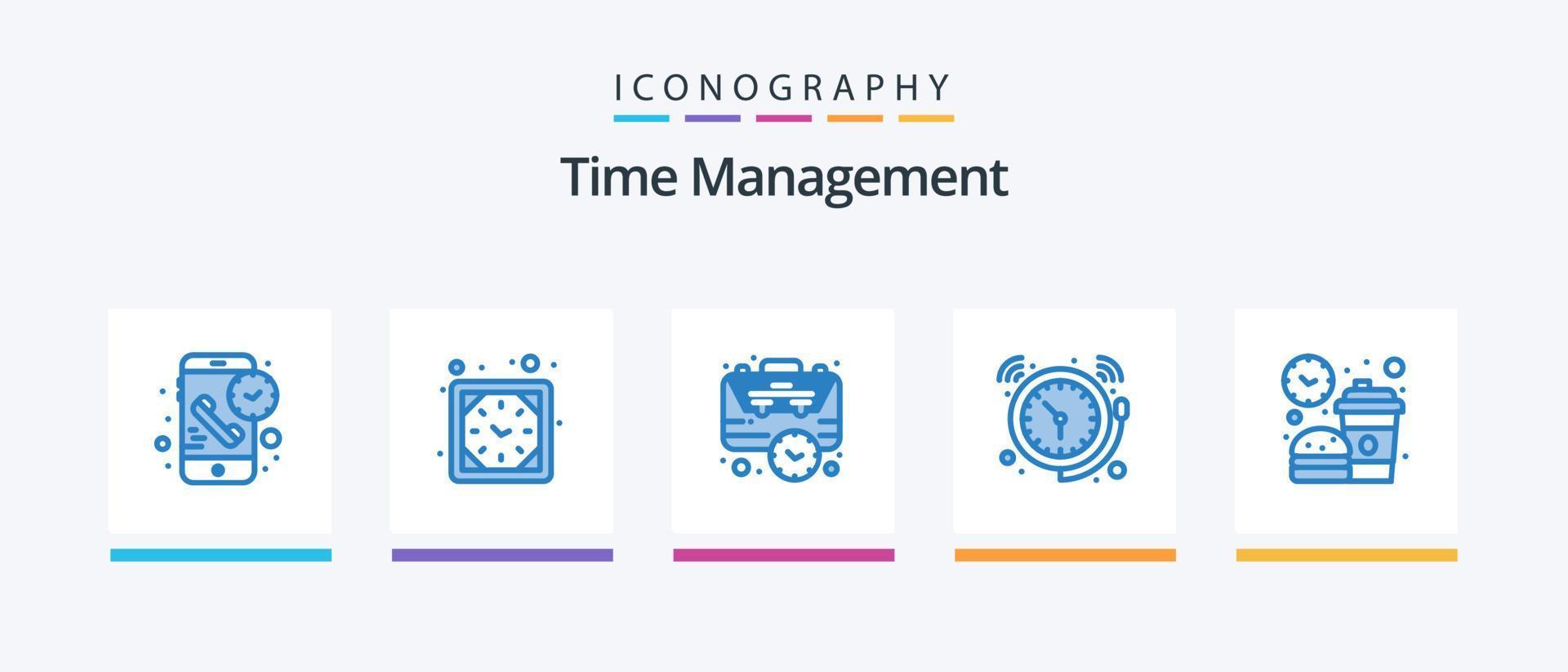 Zeit Verwaltung Blau 5 Symbol Pack einschließlich Zeit. Glocke. betrachten. Alarm. Management. kreativ Symbole Design vektor