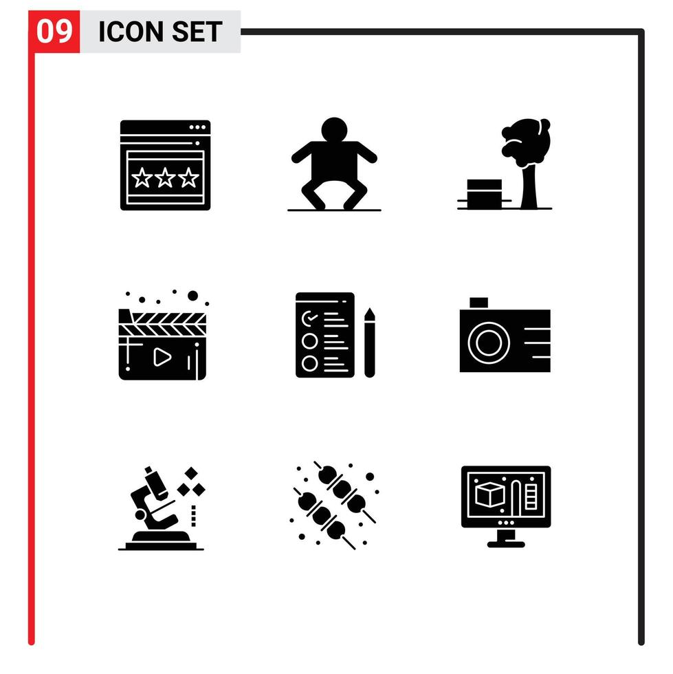 9 Universal- solide Glyphe Zeichen Symbole von Kamera Job Park Lebenslauf Spieler editierbar Vektor Design Elemente