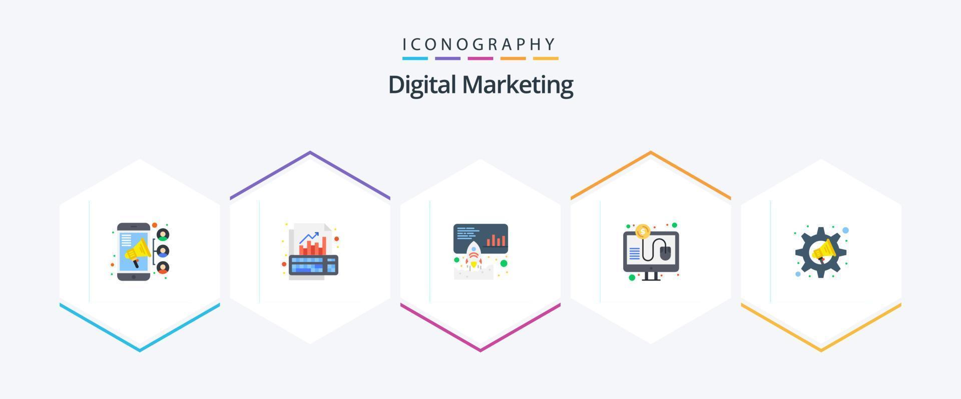 digital marknadsföring 25 platt ikon packa Inklusive marknadsföring. per. tangentbord. betala. främja vektor