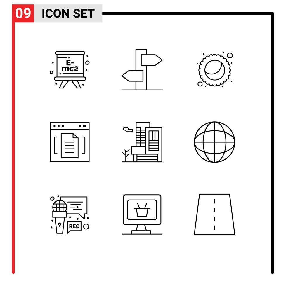 modern einstellen von 9 Umrisse und Symbole eine solche wie Gebäude Schnittstelle Karneval gras Datei Browser editierbar Vektor Design Elemente