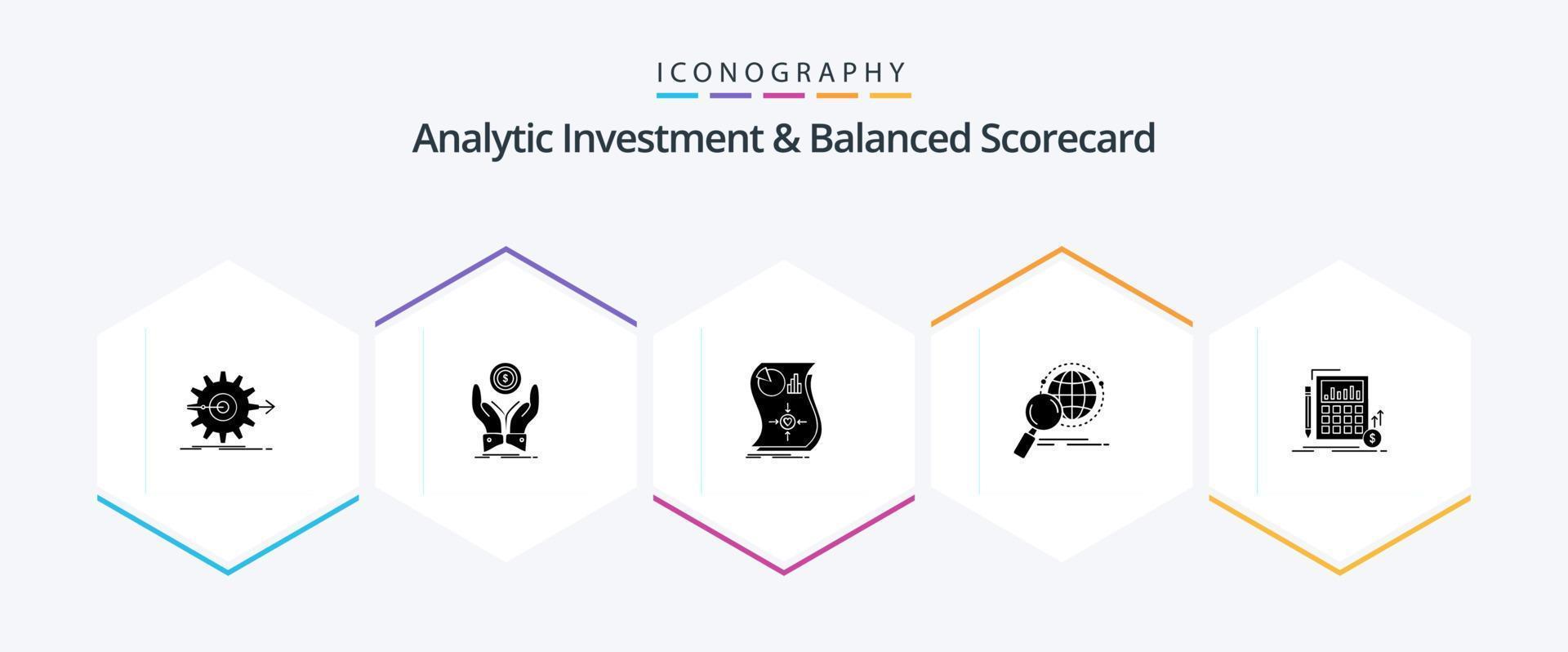 analytisch Investition und ausgewogen Scorecard 25 Glyphe Symbol Pack einschließlich Globus. ansprechbar. Stapel. Antwort. Liebe vektor