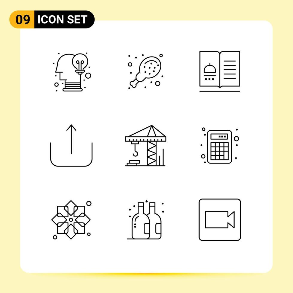 modern uppsättning av 9 konturer pictograph av konstruktion Crain mat ladda upp multimedia redigerbar vektor design element