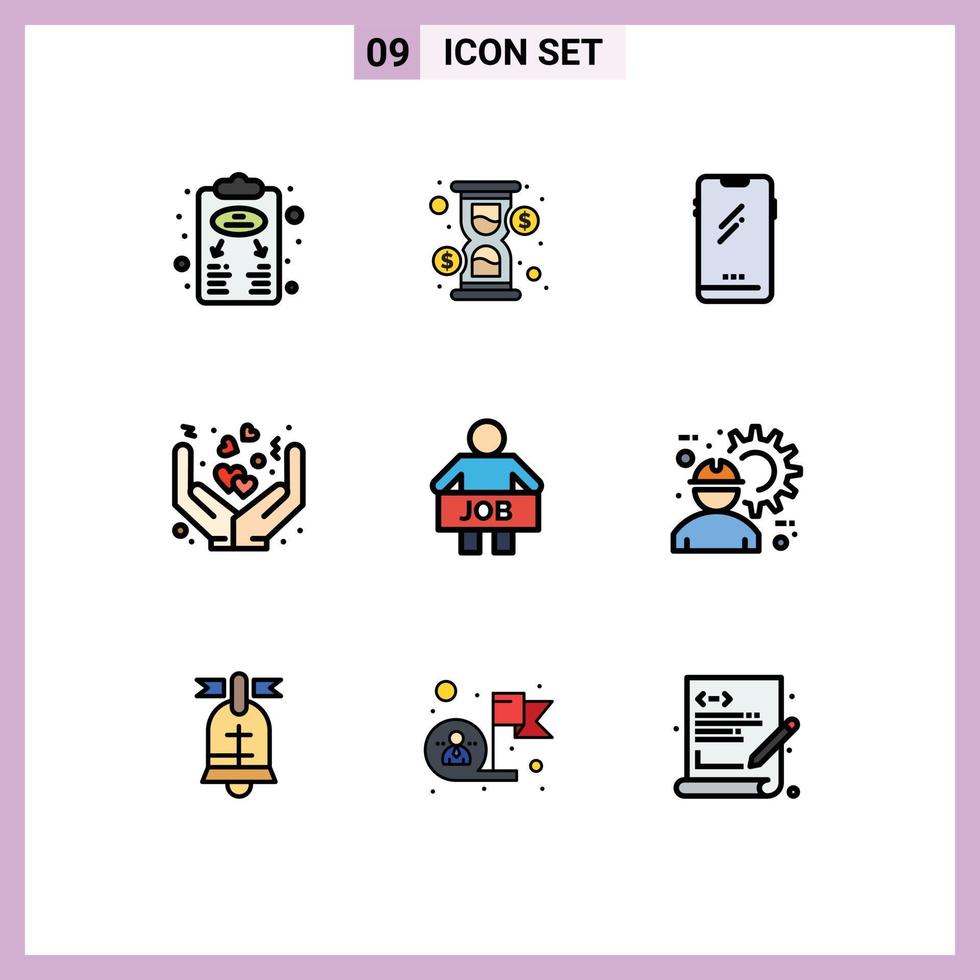 mobil gränssnitt fylld linje platt Färg uppsättning av 9 piktogram av kärlek omslag kontanter vård android redigerbar vektor design element