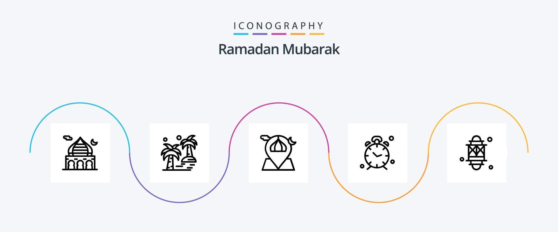 Ramadan Linie 5 Symbol Pack einschließlich Uhr. Alarm. Strand. Karte. Mond vektor