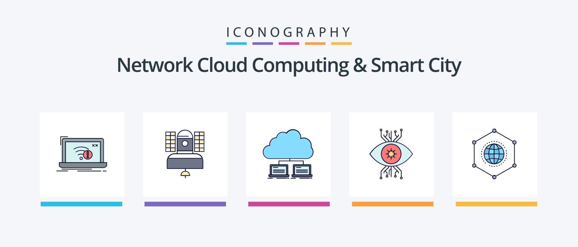 Netzwerk Wolke Computing und Clever Stadt Linie gefüllt 5 Symbol Pack einschließlich suchen. Landwirtschaft. bestritten. Umfeld. urban. kreativ Symbole Design vektor