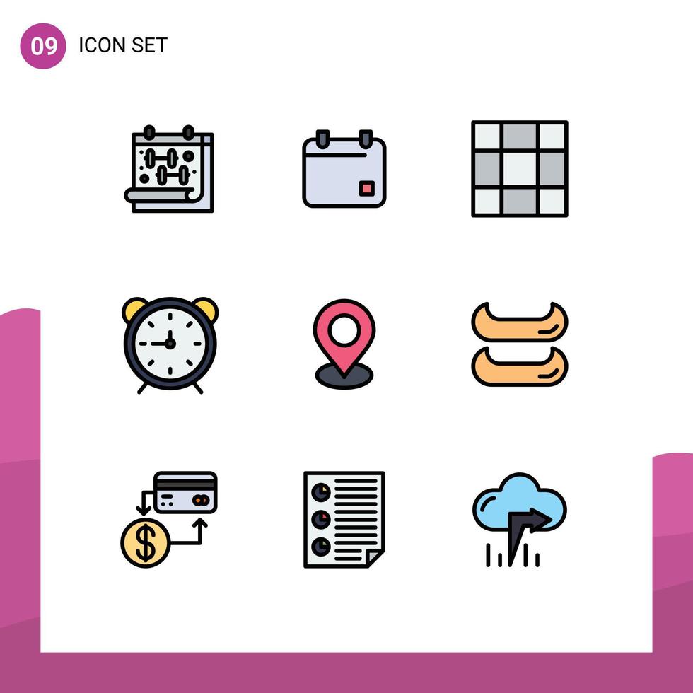 mobil gränssnitt fylld linje platt Färg uppsättning av 9 piktogram av markör plats rutnät Kolla på tid redigerbar vektor design element