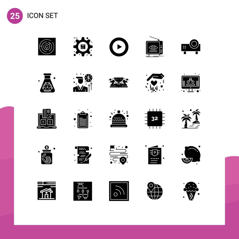 25 universell fast glyf tecken symboler av multimedia tv produkt marknadsföring ad redigerbar vektor design element