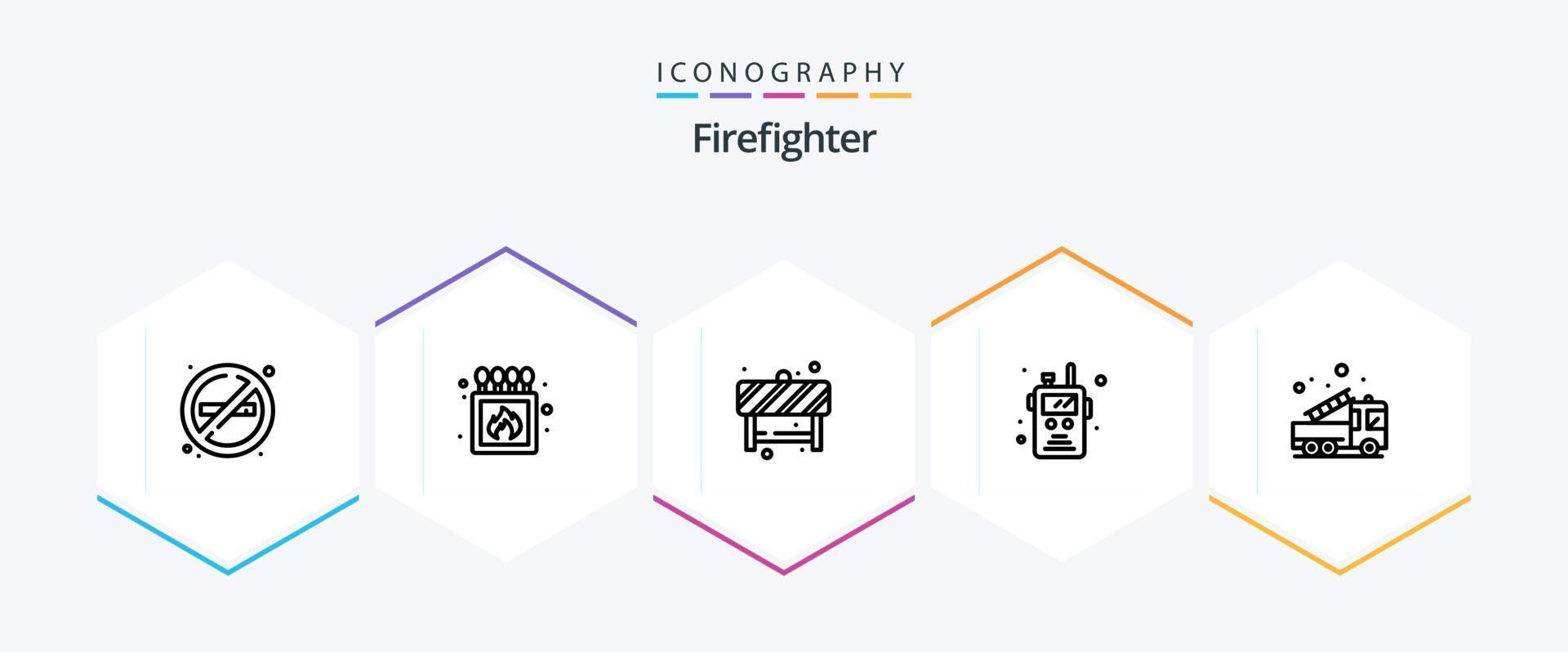 Feuerwehrmann 25 Linie Symbol Pack einschließlich Notfall. Feuer. Aufmerksamkeit. Walkie Talkie. Polizei Radio vektor