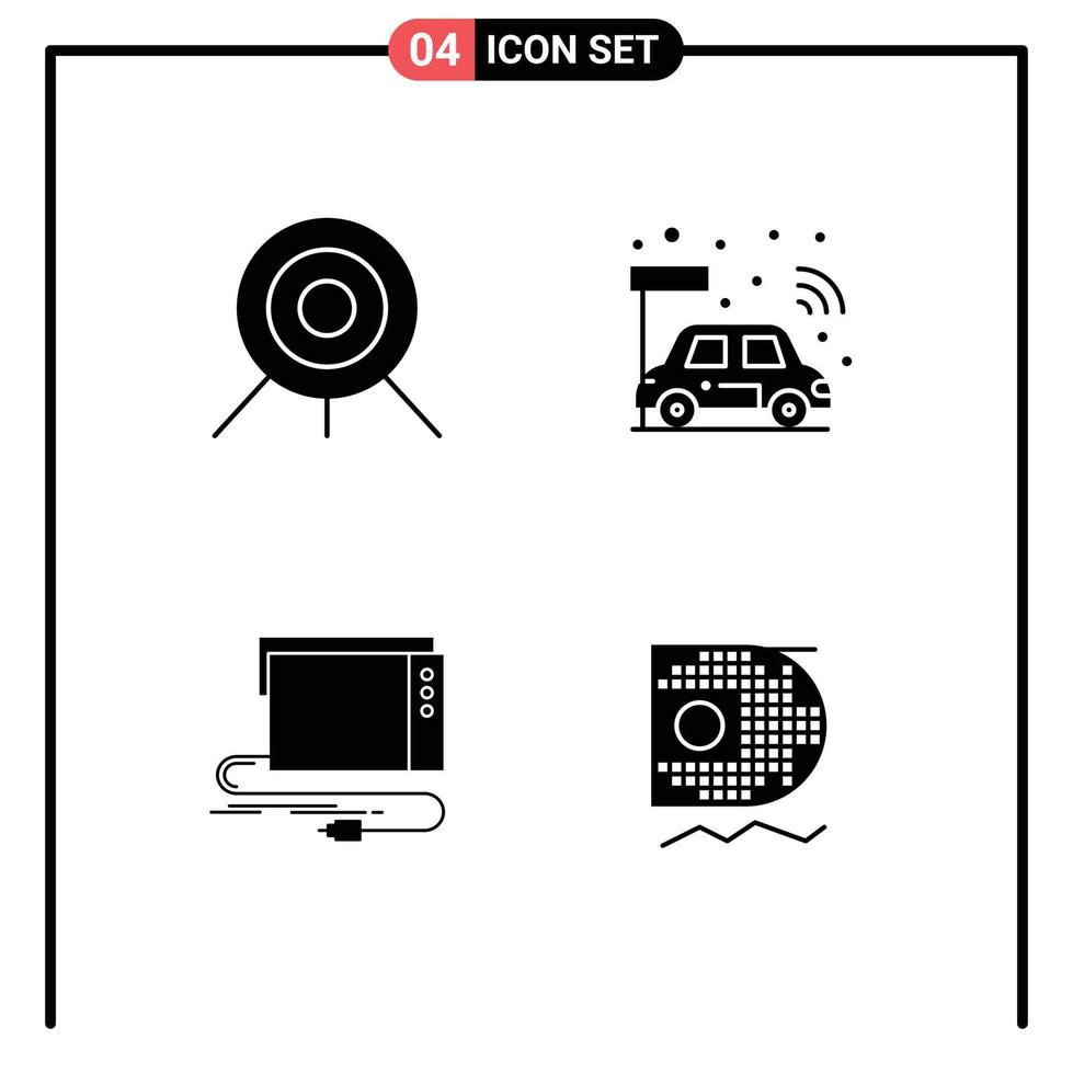 4 Universal- solide Glyphen einstellen zum Netz und Handy, Mobiltelefon Anwendungen Bogenschießen extern Auto Clever Klang editierbar Vektor Design Elemente