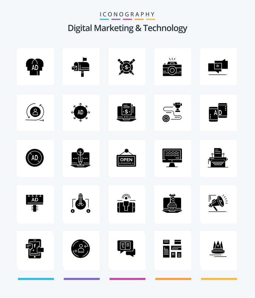 kreativ digital marknadsföring och teknologi 25 glyf fast svart ikon packa sådan som marknadsföring. fotografi. betalas. Foto. kamera vektor
