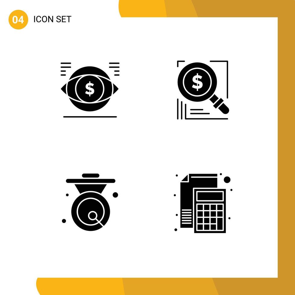 4 Universal- solide Glyphe Zeichen Symbole von Auge Lösung Finanzen Dollar Glocke editierbar Vektor Design Elemente