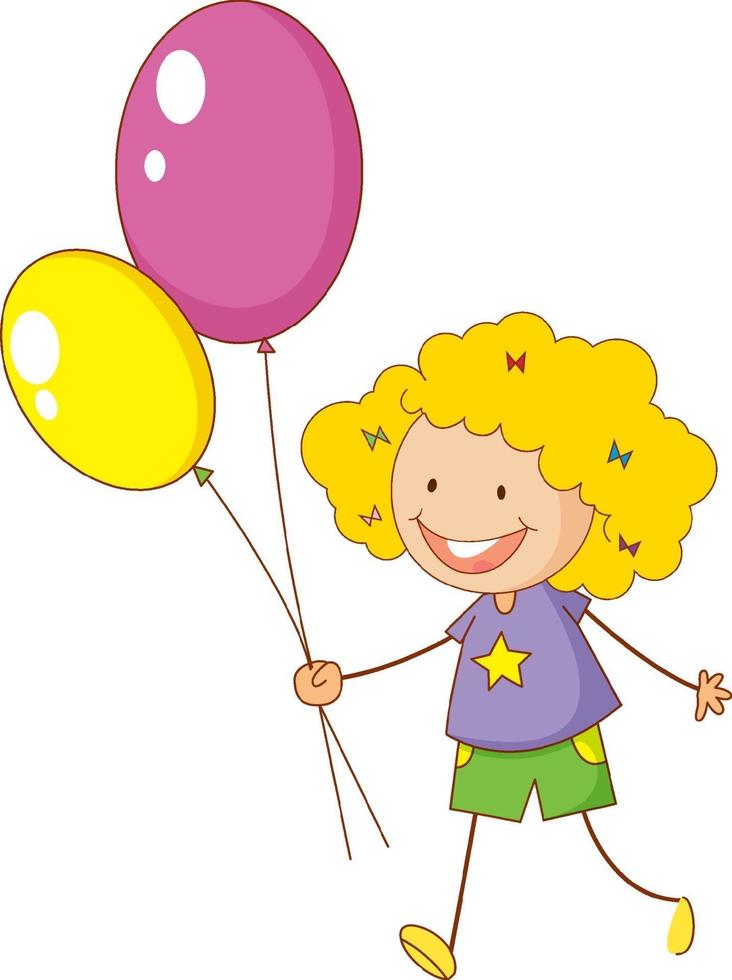 ein Gekritzelkind, das Ballon-Zeichentrickfigur isoliert hält vektor