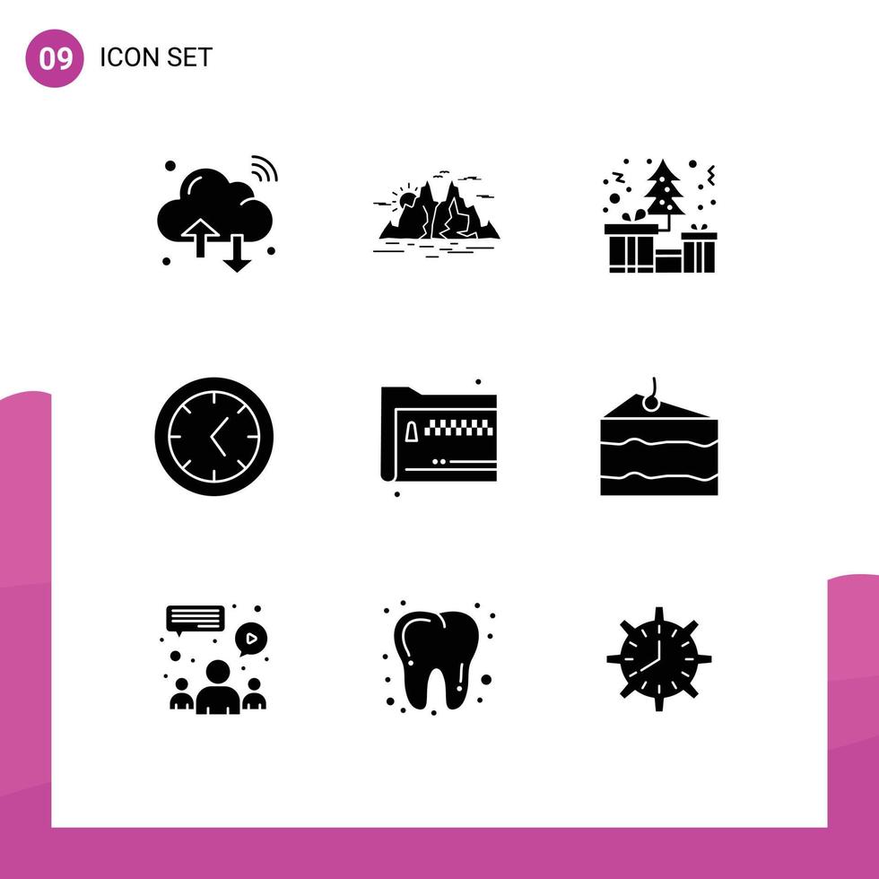 Pack von 9 modern solide Glyphen Zeichen und Symbole zum Netz drucken Medien eine solche wie Teilen Uhr Berg Werkzeuge Weihnachten editierbar Vektor Design Elemente