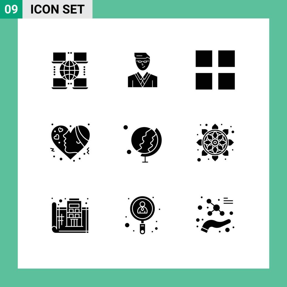 9 användare gränssnitt fast glyf packa av modern tecken och symboler av klot jord layout kärlek flicka redigerbar vektor design element