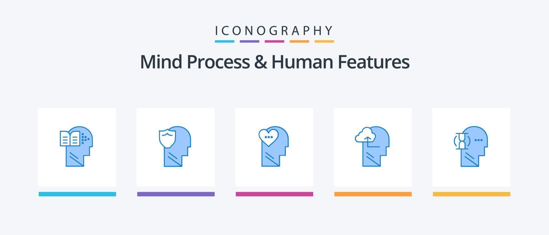 sinne bearbeta och mänsklig funktioner blå 5 ikon packa Inklusive vänta. sinne. data. få. huvud. kreativ ikoner design vektor