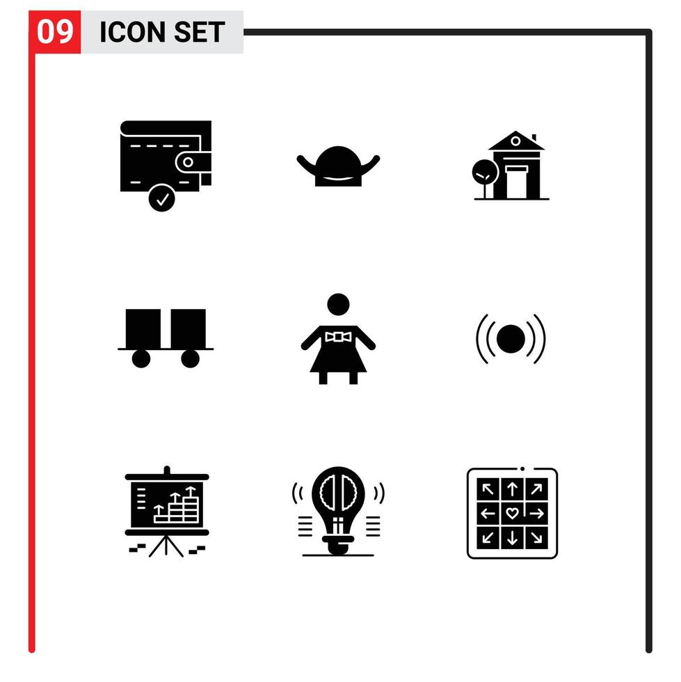 9 Universal- solide Glyphe Zeichen Symbole von Menschen Aufzug LKW Zuhause Gabelstapler LKW Gabel LKW editierbar Vektor Design Elemente