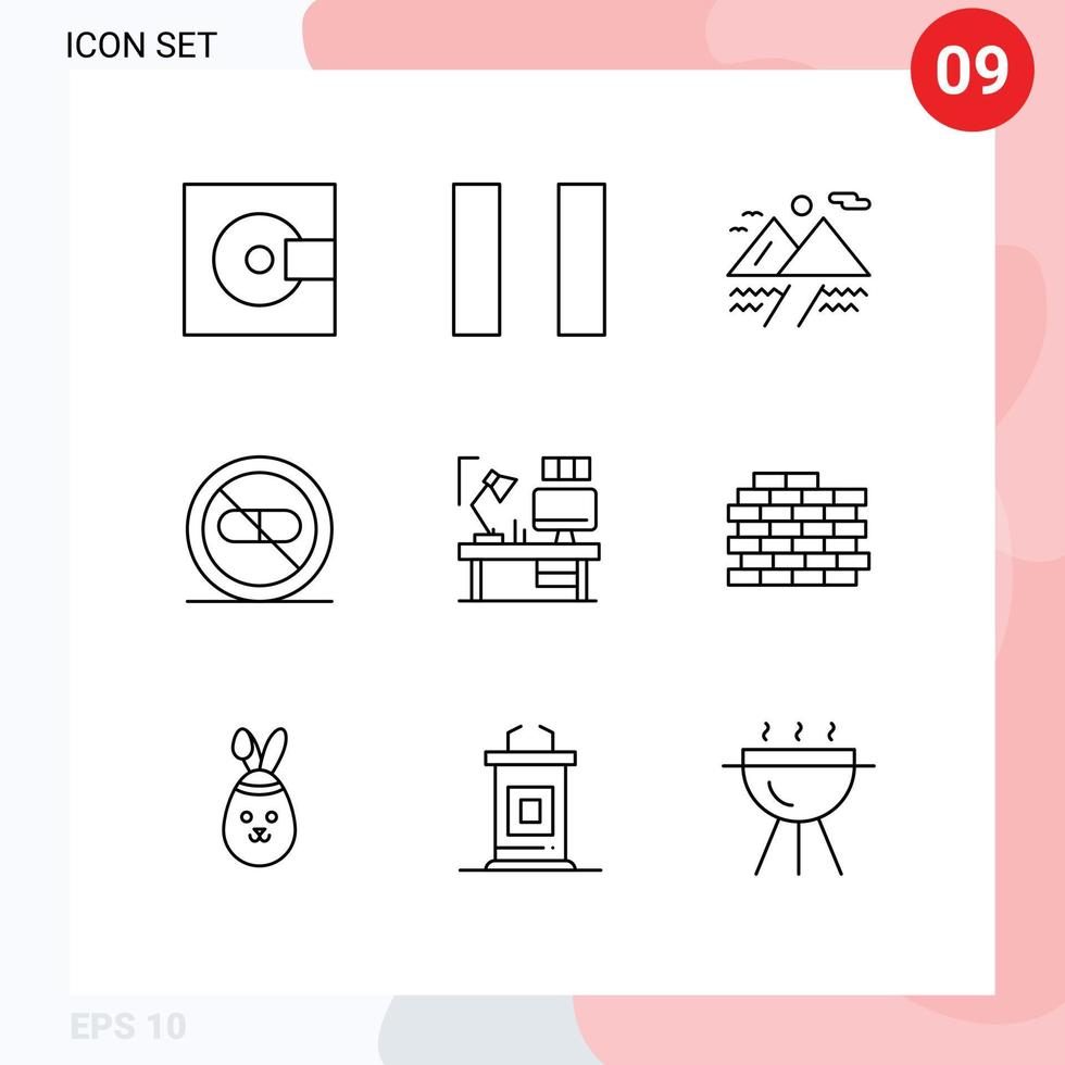 Piktogramm einstellen von 9 einfach Umrisse von Computer Designer Berg Tabelle Krankenhaus editierbar Vektor Design Elemente