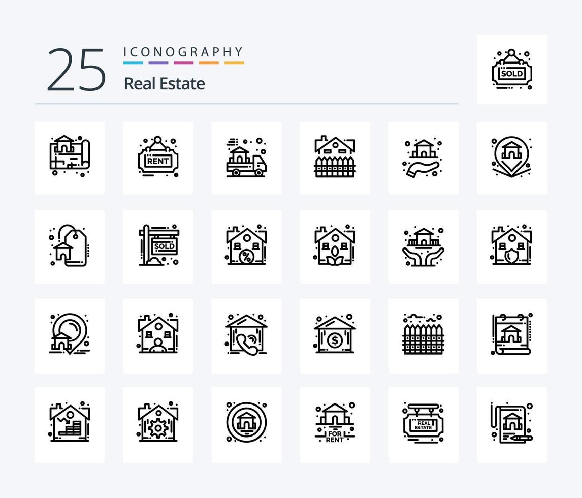 echt Nachlass 25 Linie Symbol Pack einschließlich Anwesen. Zaun. Lieferung. Konstruktion. Wohnung vektor