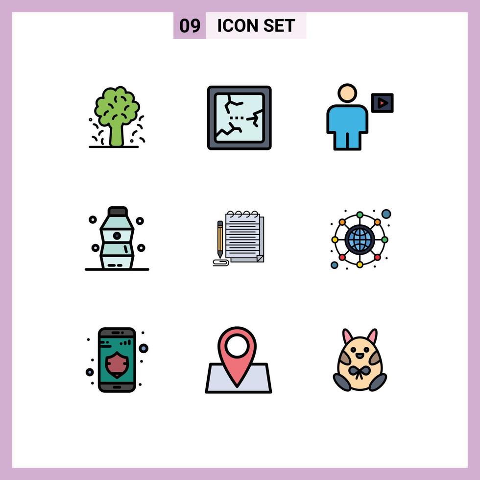 9 universell fylld linje platt färger uppsättning för webb och mobil tillämpningar anteckningsblock mat avatar dryck video redigerbar vektor design element