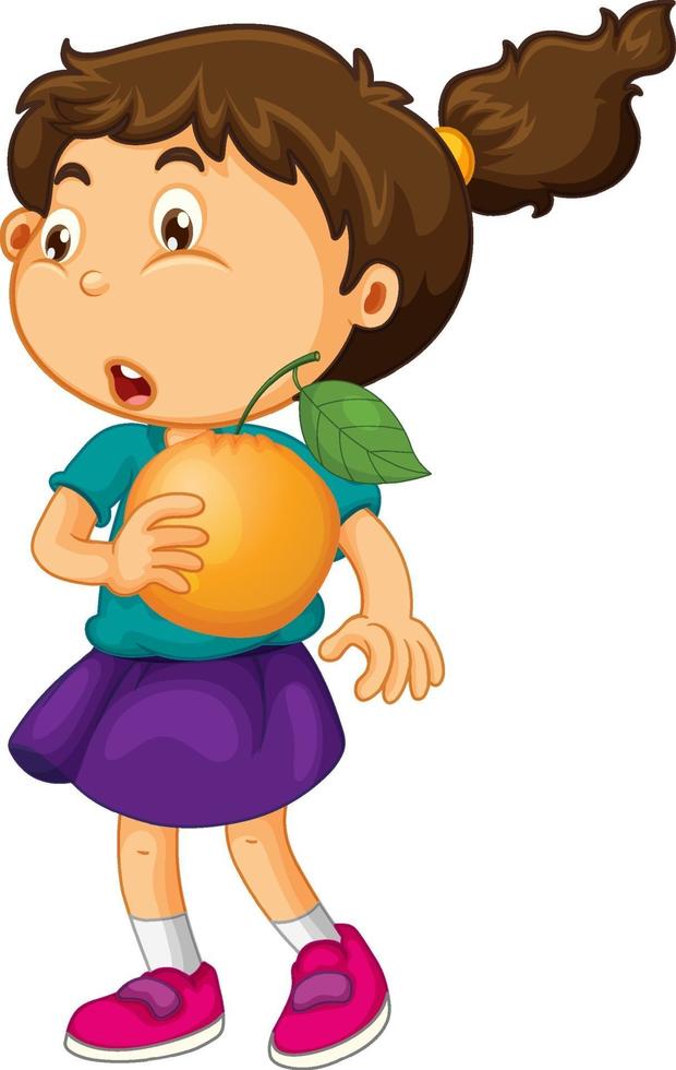 ein Mädchen, das eine orange Fruchtkarikaturfigur lokalisiert auf weißem Hintergrund hält vektor