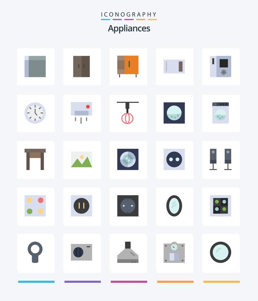 kreativ apparater 25 platt ikon packa sådan som klocka. kylskåp. garderob. kylskåp. Hem vektor