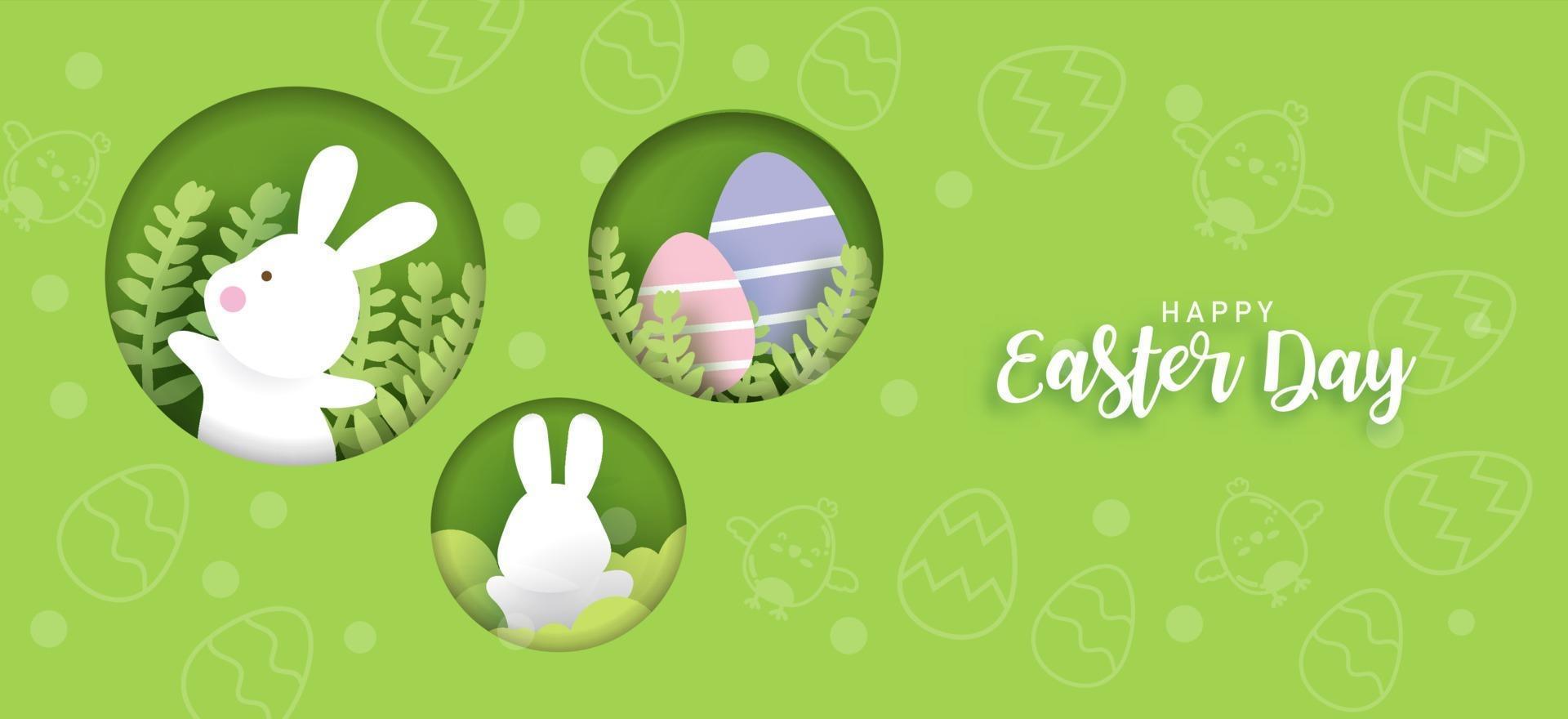 Ostertageskarte und Hintergrund mit niedlichen Kaninchen und Ostereiern. vektor