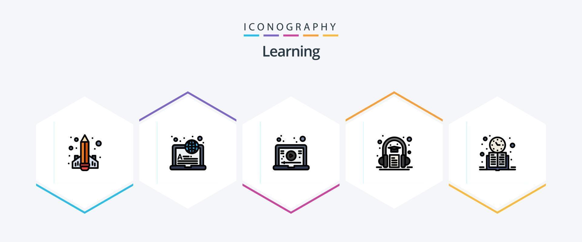 Lernen 25 gefüllte Linie Symbol Pack einschließlich Buch. Kopfhörer. online. Buch. Video vektor