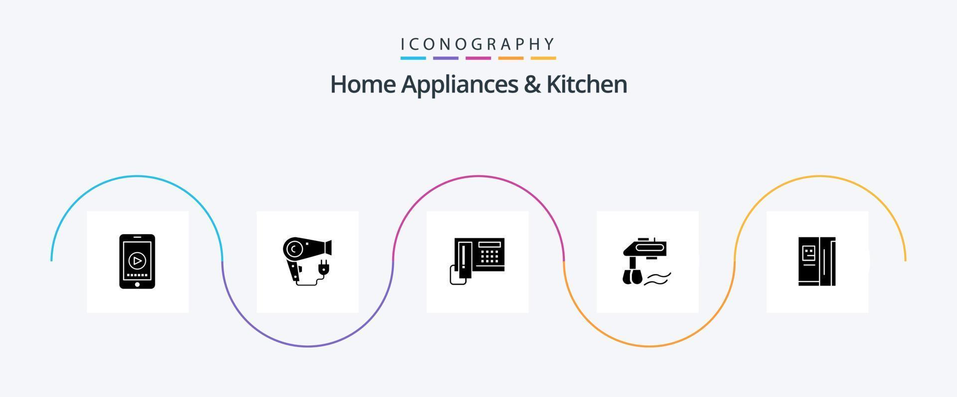 Hem apparater och kök glyf 5 ikon packa Inklusive kök. hårdvara. hårtork. cell. telefon vektor