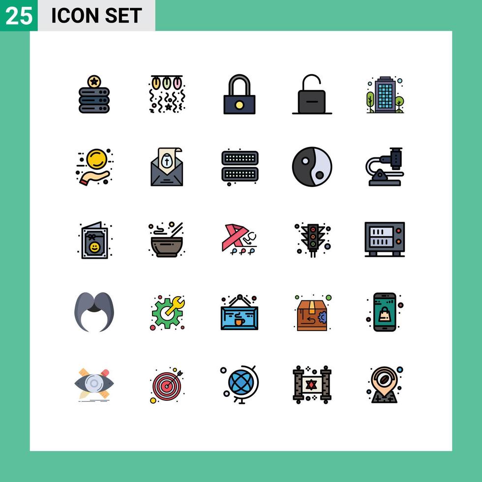 uppsättning av 25 vektor fylld linje platt färger på rutnät för byggnad säkerhet sträng säkerhet låsa redigerbar vektor design element