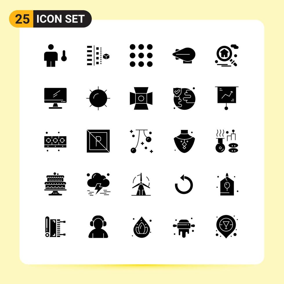 grupp av 25 modern fast glyfer uppsättning för verklig egendom Hem planera zeppelin prickar redigerbar vektor design element