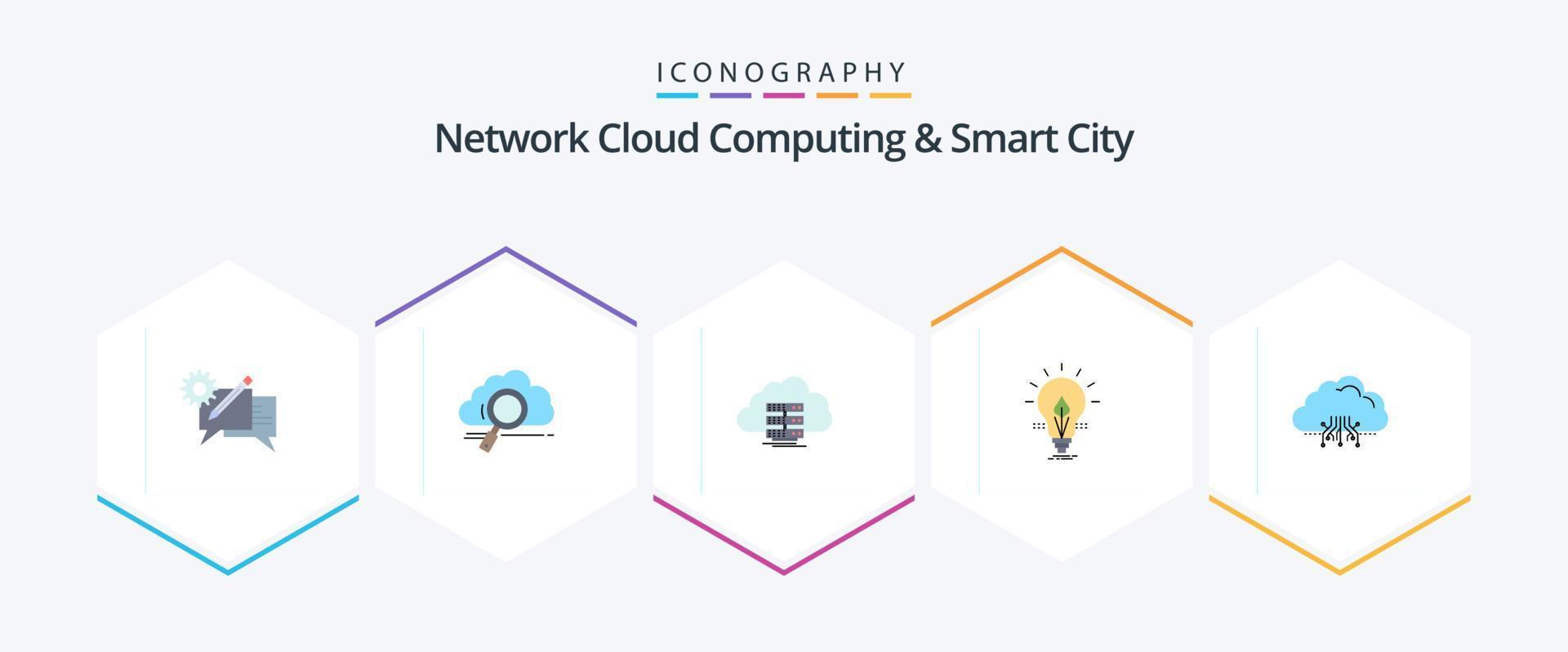 Netzwerk Wolke Computing und Clever Stadt 25 eben Symbol Pack einschließlich Idee. Fluss. Technologie. Daten. Lager vektor