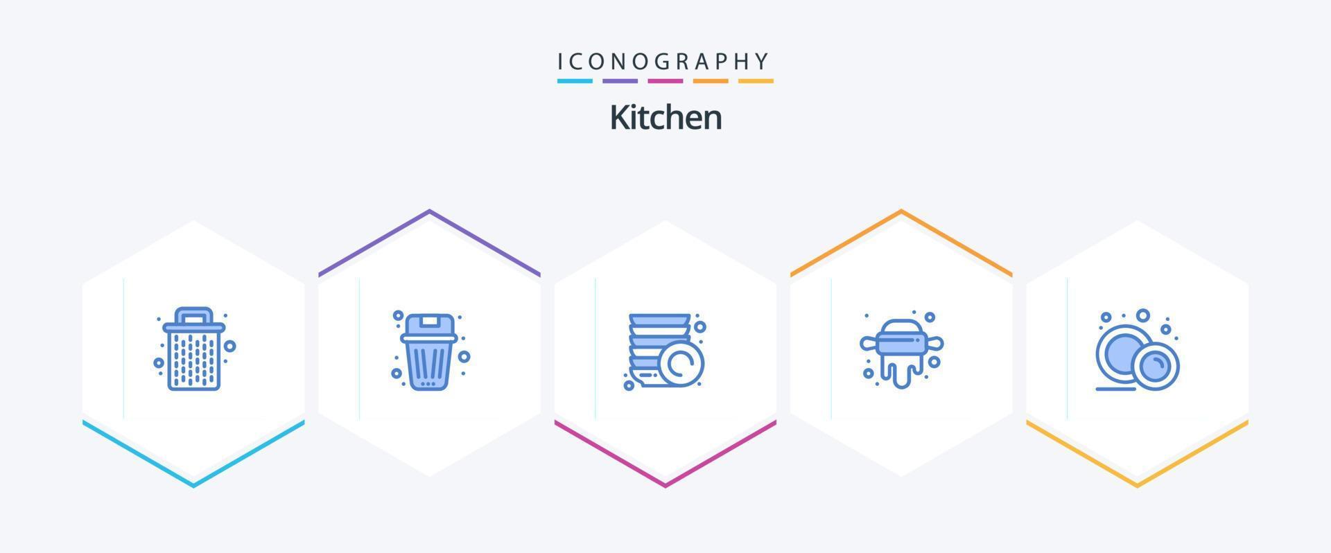 kök 25 blå ikon packa Inklusive mat tallrik. porslin. skräp. rullande. kök vektor