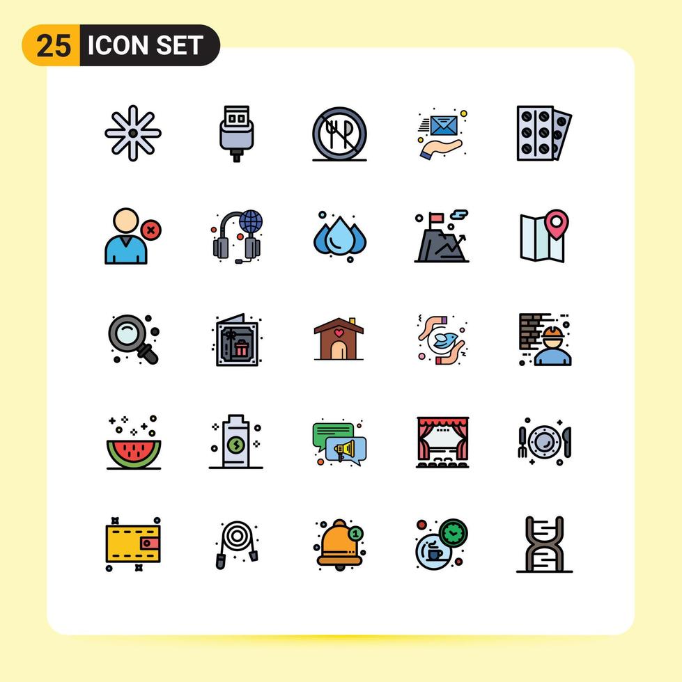 25 thematisch Vektor gefüllt Linie eben Farben und editierbar Symbole von geduldig medizinisch Essen Unterstützung Briefumschlag editierbar Vektor Design Elemente