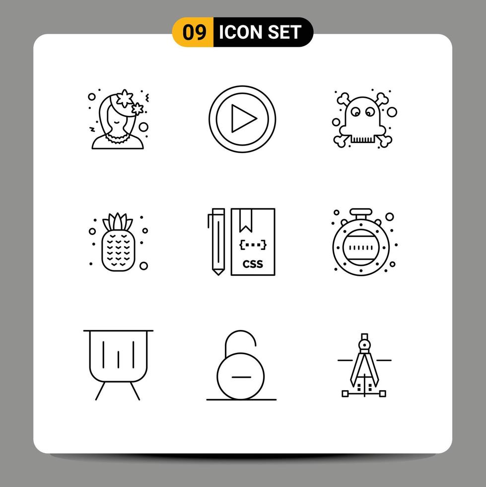 Universal- Symbol Symbole Gruppe von 9 modern Umrisse von CSS Code Benutzer Ananas Essen editierbar Vektor Design Elemente