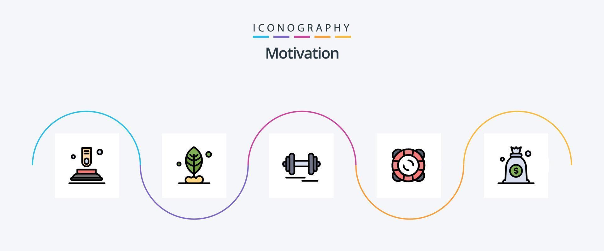 motivering linje fylld platt 5 ikon packa Inklusive väska. dollar. kondition. flyta. säkerhet vektor