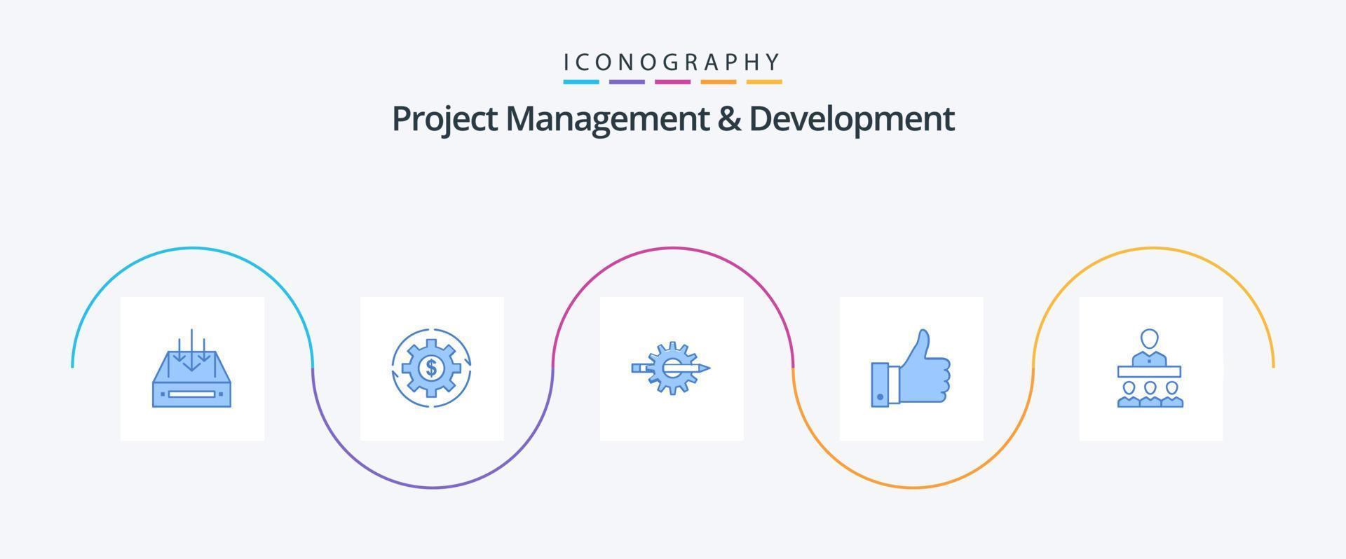 Projekt Verwaltung und Entwicklung Blau 5 Symbol Pack einschließlich Gang. Design. Verdienste. Schreiben. profitieren vektor