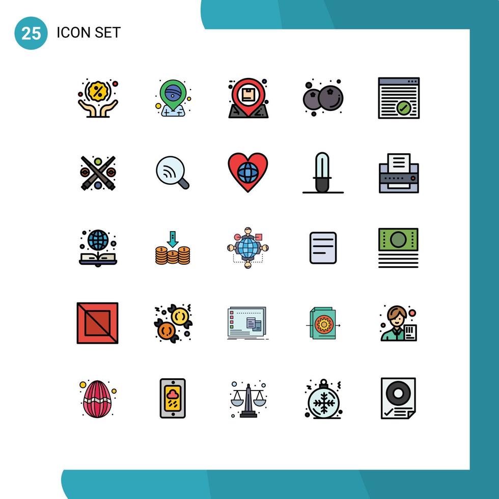 Gruppe von 25 modern gefüllt Linie eben Farben einstellen zum Browser Obst Ort Essen Interaktion editierbar Vektor Design Elemente