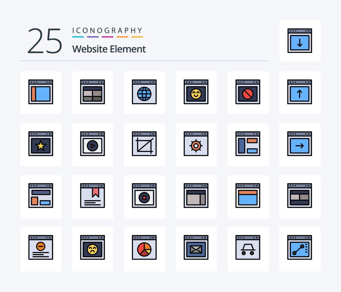 hemsida element 25 linje fylld ikon packa Inklusive hemsida. varning. hemsida. sluta. hemsida vektor