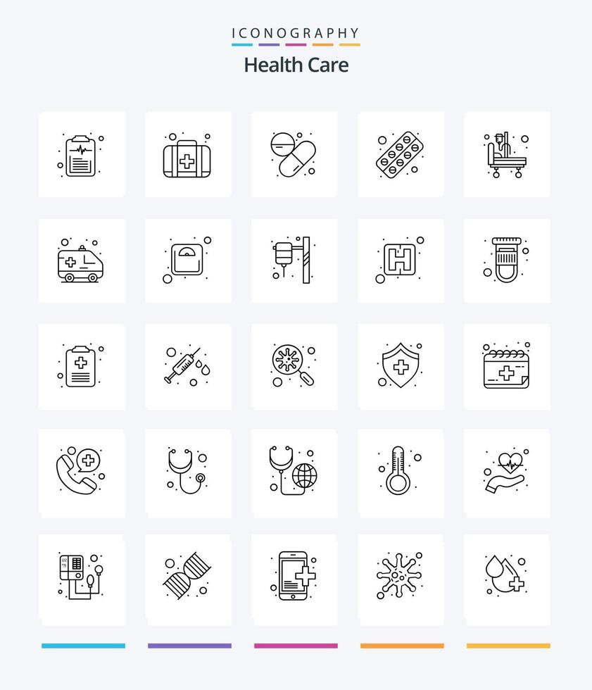 kreativ Gesundheit Pflege 25 Gliederung Symbol Pack eine solche wie Krankenhaus Bahre. Tablette. Kapsel. Pille. Kapsel vektor