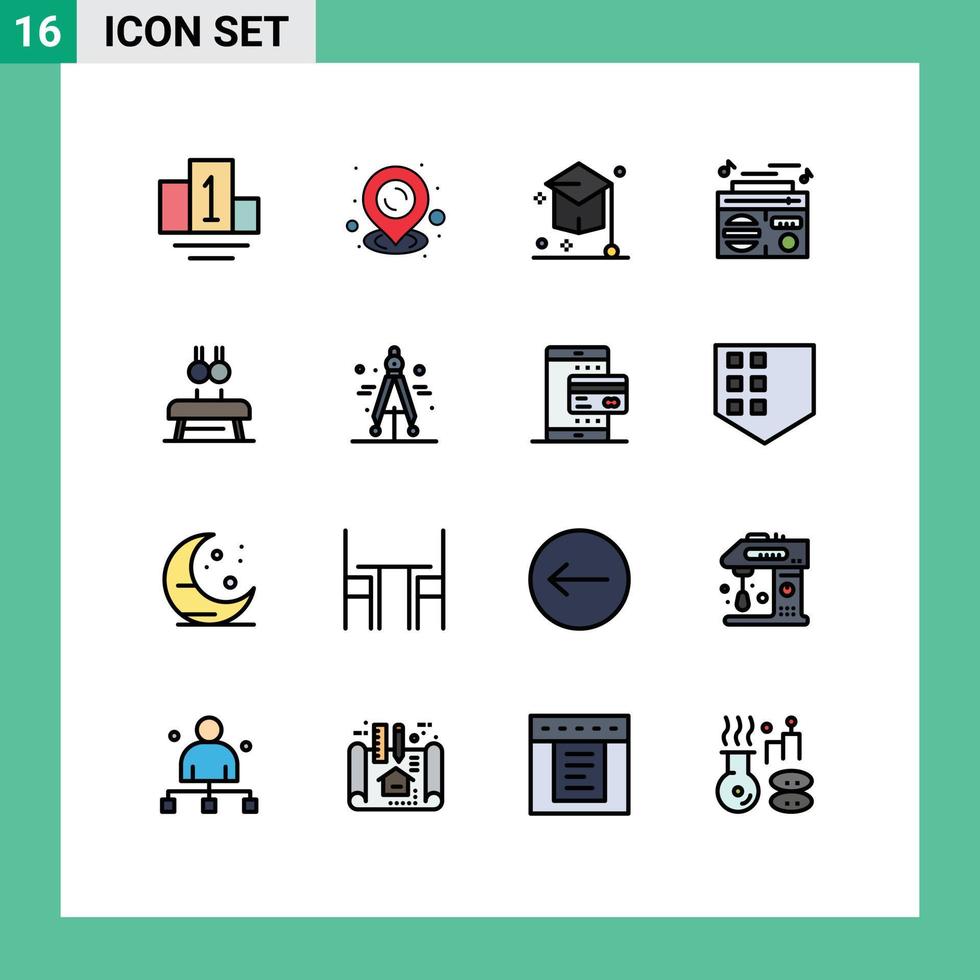 Handy, Mobiltelefon Schnittstelle eben Farbe gefüllt Linie einstellen von 16 Piktogramme von Ringe Fitness Hut Übung abspielen editierbar kreativ Vektor Design Elemente