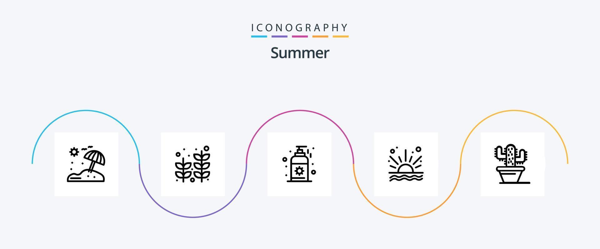 sommar linje 5 ikon packa Inklusive . natur. solskyddsmedel. kaktus. soluppgång vektor