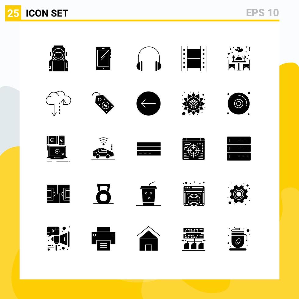 uppsättning av 25 vektor fast glyfer på rutnät för film filma android ljud headsetet redigerbar vektor design element