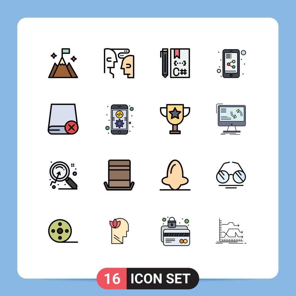 grupp av 16 platt Färg fylld rader tecken och symboler för enheter dela med sig mobil c dela med sig dokumentera utveckling redigerbar kreativ vektor design element
