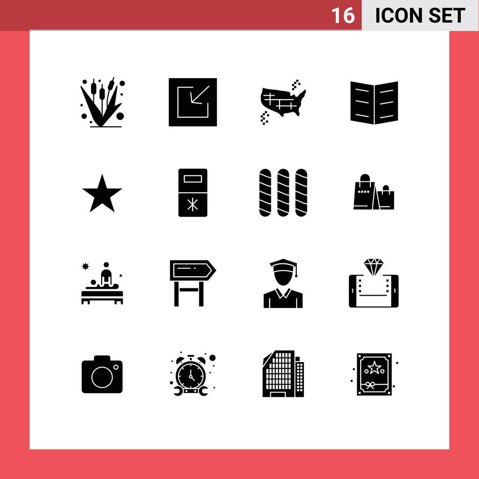 16 solide Glyphe Konzept zum Websites Handy, Mobiltelefon und Apps Star Bildung USA Lesezeichen Amerika editierbar Vektor Design Elemente