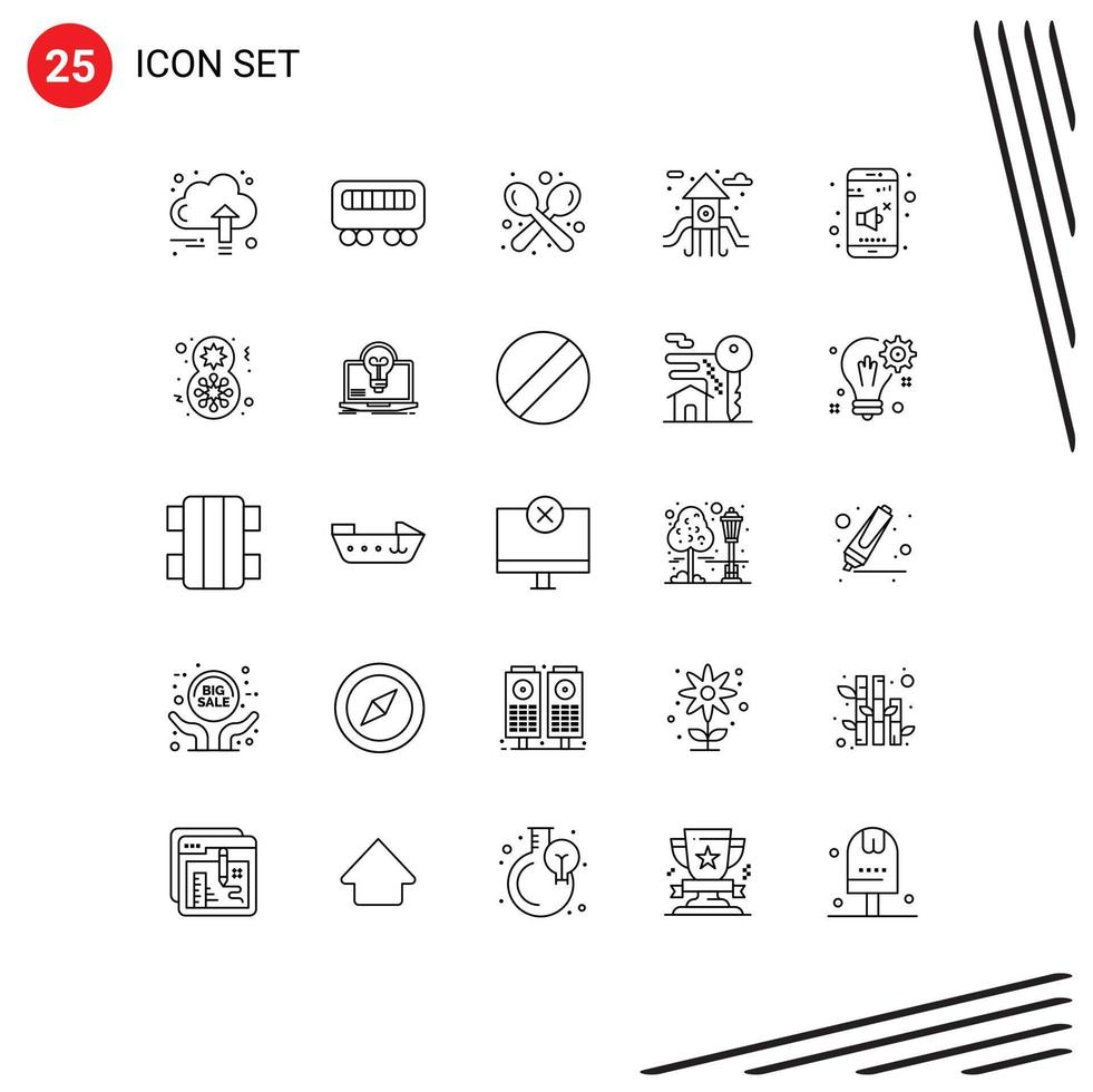 Pack von 25 modern Linien Zeichen und Symbole zum Netz drucken Medien eine solche wie Klang abspielen Boden Kaffee Leben Utensilien editierbar Vektor Design Elemente