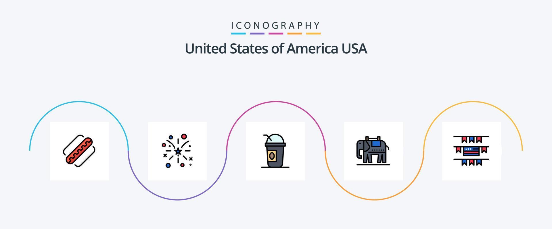 USA linje fylld platt 5 ikon packa Inklusive amerikansk. buntings. amerika. usa. elefent vektor