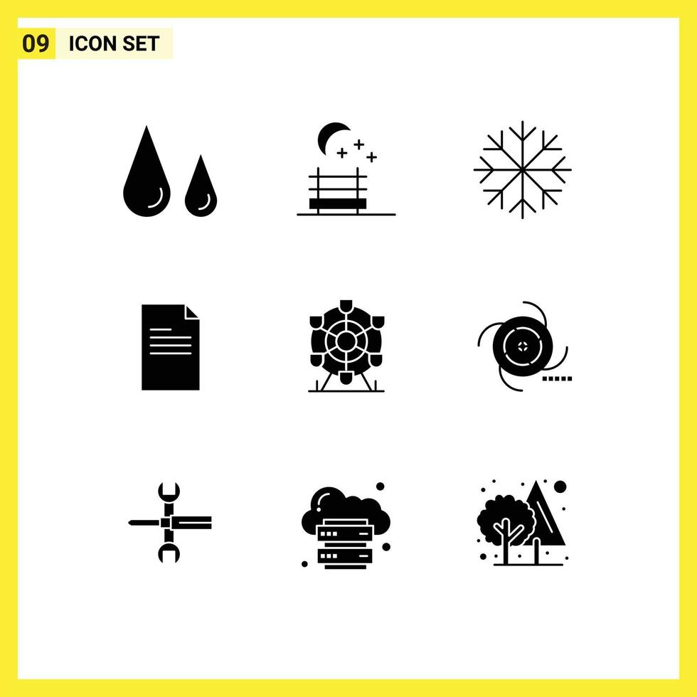 Universal- Symbol Symbole Gruppe von 9 modern solide Glyphen von schwarz Rad Schneeflocken Park Bericht editierbar Vektor Design Elemente