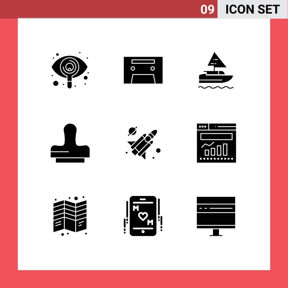 9 fast glyf begrepp för webbplatser mobil och appar Diagram missil fartyg flyga Tryck redigerbar vektor design element