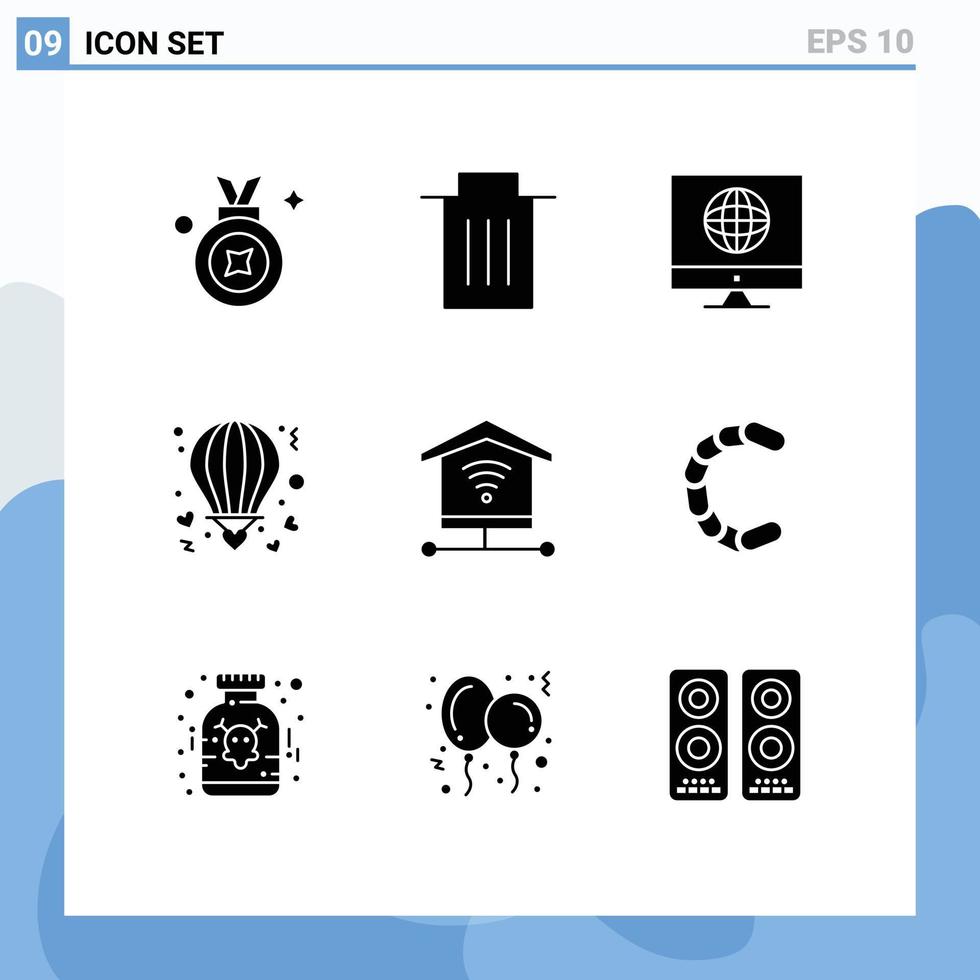 Gruppe von 9 modern solide Glyphen einstellen zum Sicherheit Liebe Kommunikation heiß Luft editierbar Vektor Design Elemente